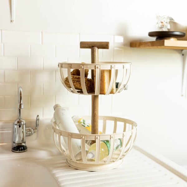 Foreside Home & Garden - Clement 2 Tiered Countertop Kitchen Basket White Metal Wood