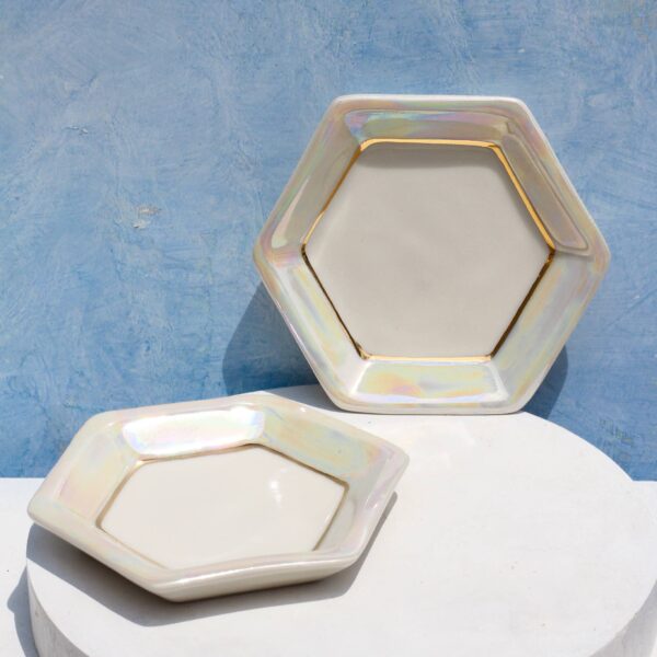 Apricity Ceramics - Opal Hexagon Tray | Jewelry Dish | Handmade with Gold