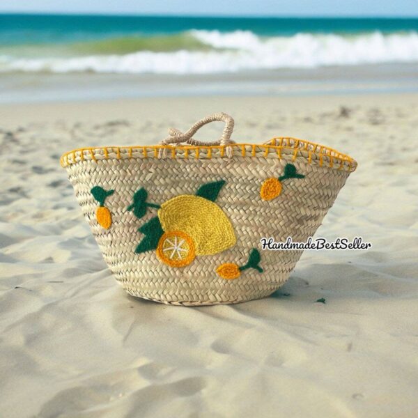 Handwoven Straw Beach Bag with Lemon Motif, Short Handle