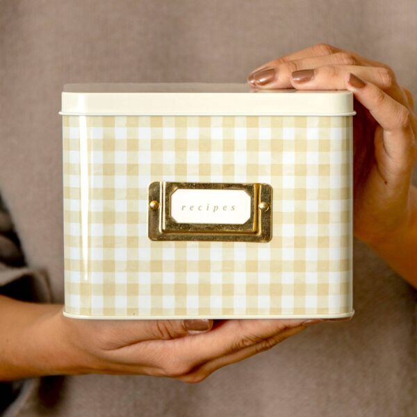 Beige Gingham Tin Recipe Box