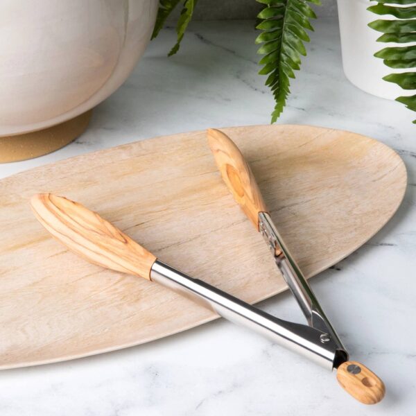 Olive Wood and Stainless Steel Tongs: Olive