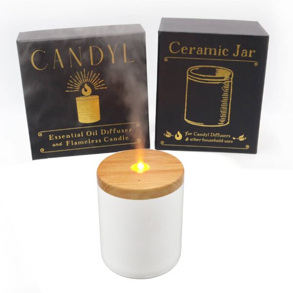 Candyl Ceramic Diffuser with Rechargeable Battery: White Jar, Light Wood Top