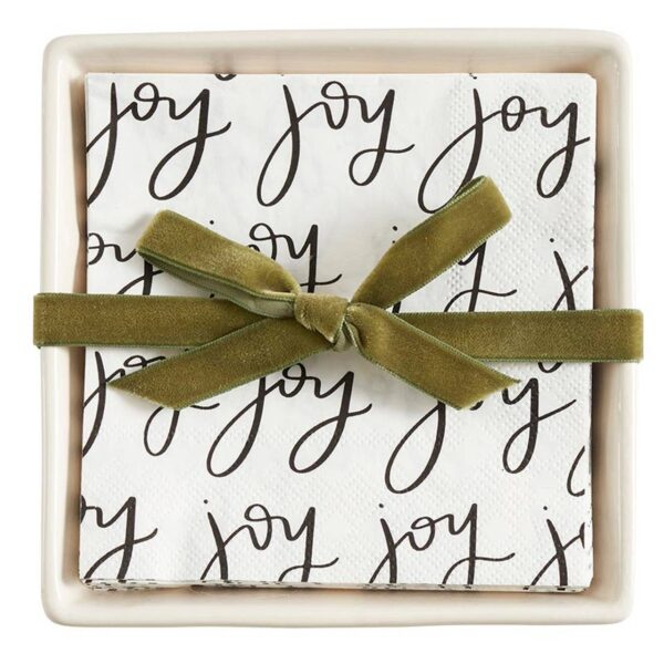 Ceramic Napkin Tray + Napkins - Joy: Ceramic, Paper, Cotton Twill Ribbon