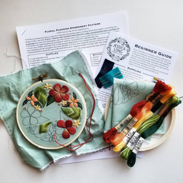 Floral Flourish Beginner Embroidery Kit: Muted green fabric