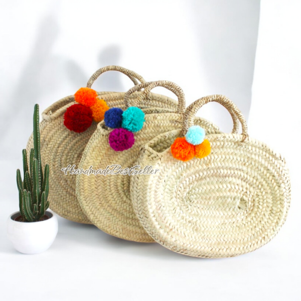 Woven Moroccan Basket Bags With Pom Poms