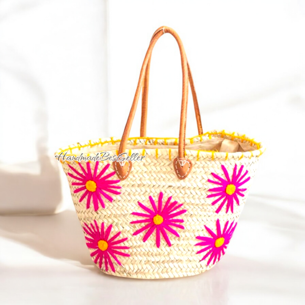 Handmade Straw Beach Tote with Pink Floral Embroidery