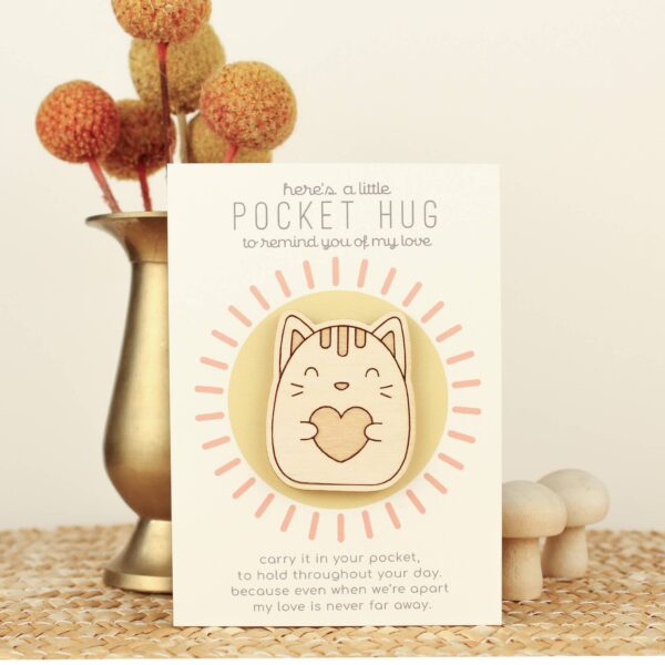 Wooden Pocket Hug, Cat. Thinking of You Gift