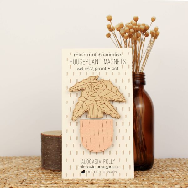 Wood House Plant Magnets | Alocasia Polly | Plant Lover Gift