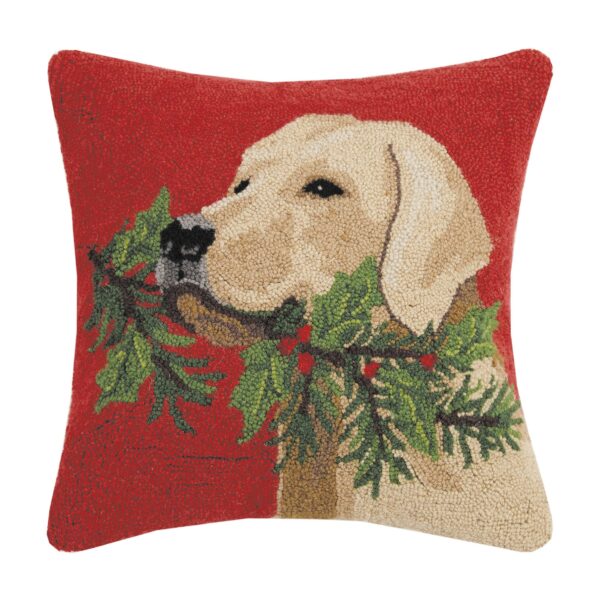 Peking Handicraft - Golden Lab Dog With Holly Branch Hook Pillow - Christmas