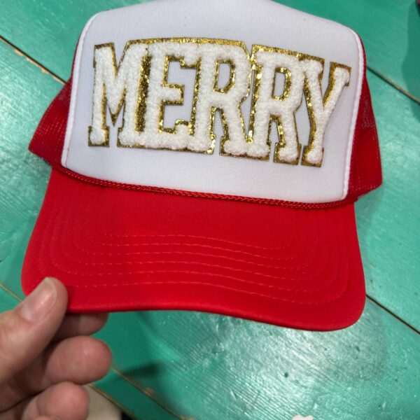 White Chenille Merry Trucker | Christmas Cap| Holiday| Santa: White/Red Foam
