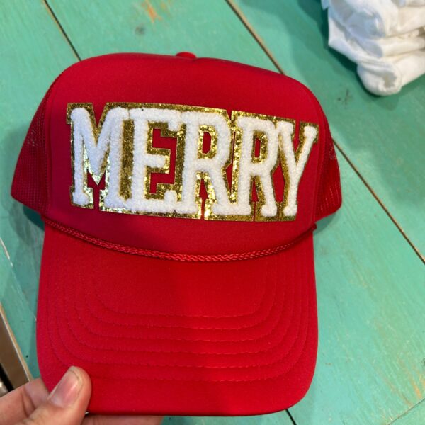 White Chenille Merry Trucker | Christmas Cap| Holiday| Santa: Red Foam