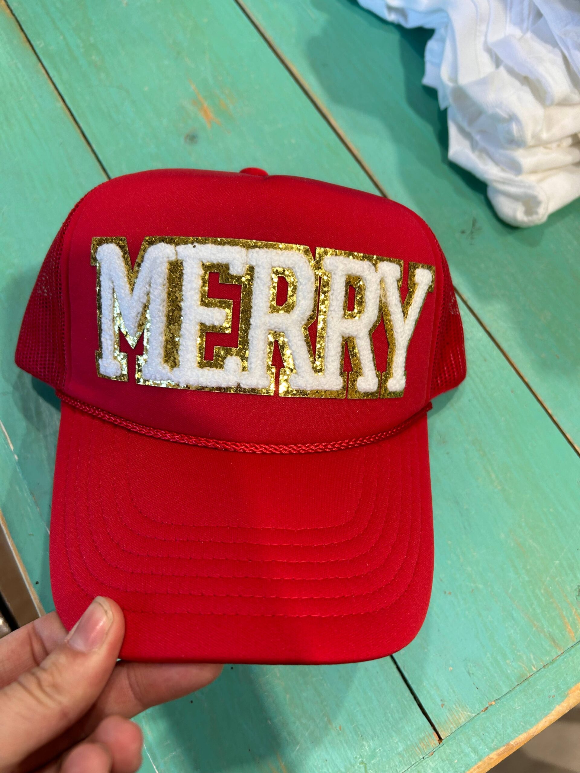 White Chenille Merry Trucker | Christmas Cap| Holiday| Santa: Red Foam