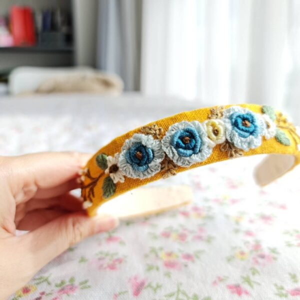 Floral Embroidered Headband Blue Roses