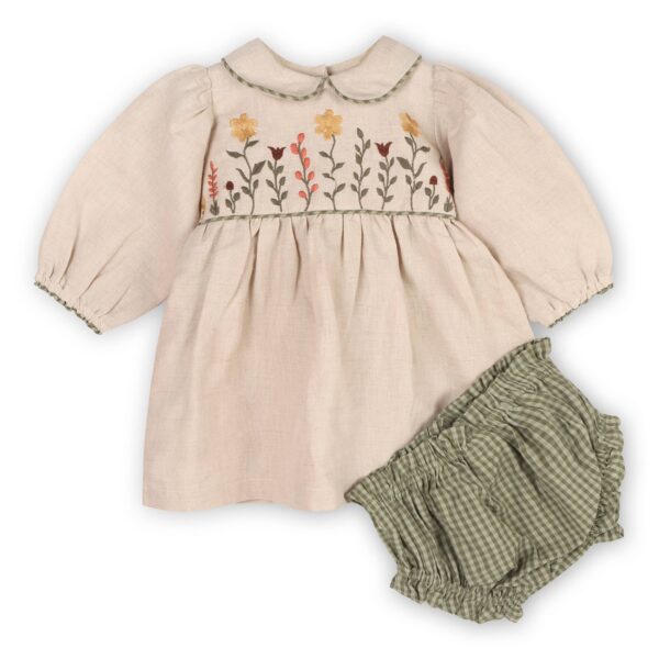 Floral Peter Pan Baby Dress & Fancy Bloomer (Linen Blend): Natural, 18-24M