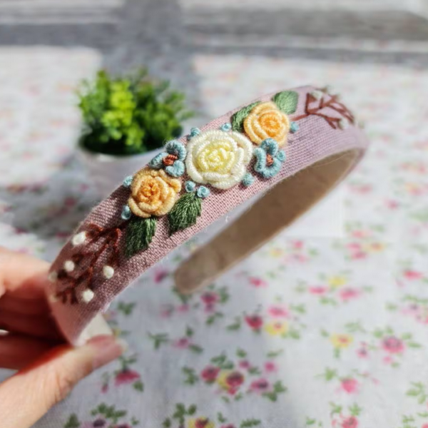 Floral Embroidered Headband Ivory Roses