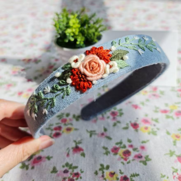 Floral Embroidered Headband Mauve Roses