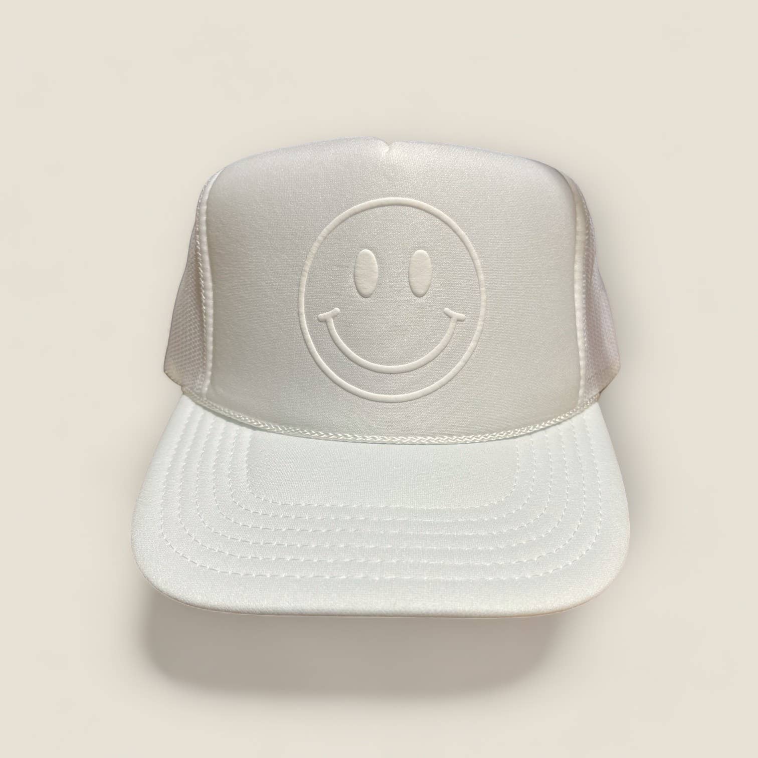 Happy Face Monochrome Trucker Hat | White