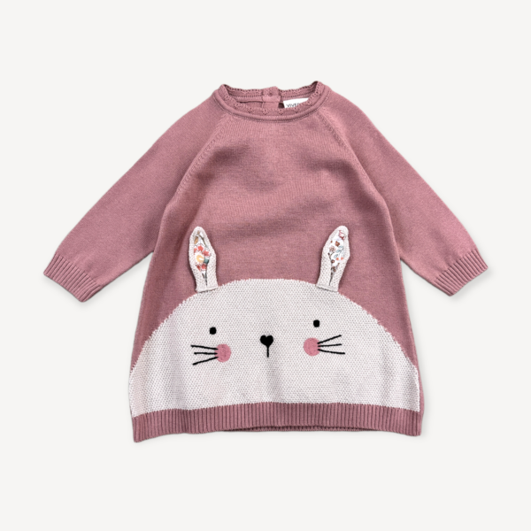 Bunny Jacquard Knit Baby Girl Dress (Organic Cotton): Vintage Rose, 3-6