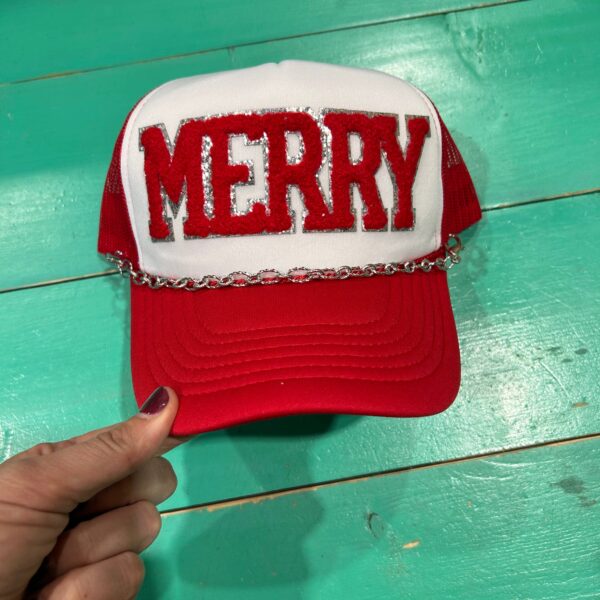 Red Chenille Merry Trucker | Christmas Cap| Holiday| Santa: White/Red Foam