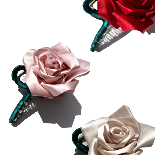 Handmade Satin Rose Stem Claw Clip: Red