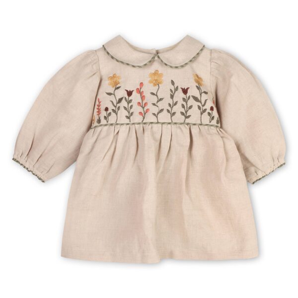 Floral Peter Pan Baby Dress & Fancy Bloomer (Linen Blend): Natural, 3-6M - Image 4