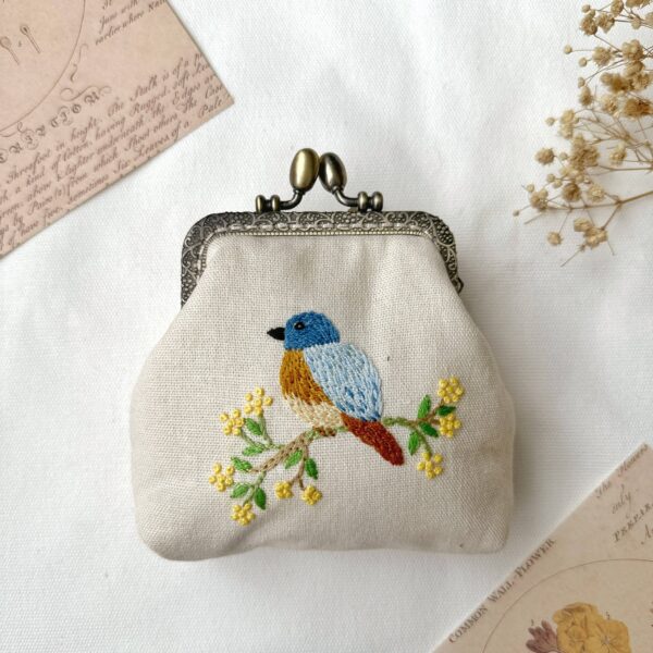Bird Embroidered Navy Blue Coin Purse
