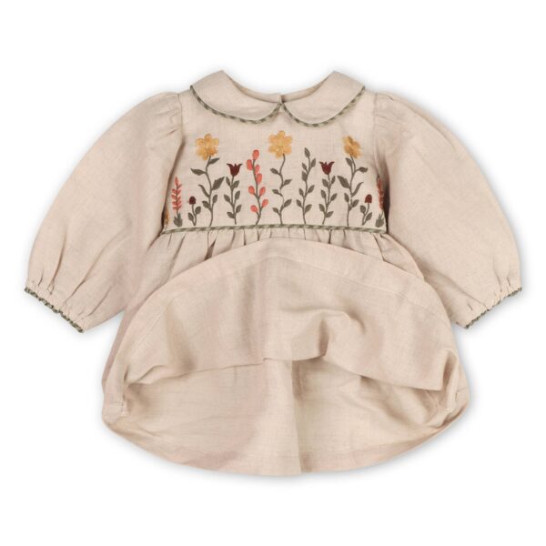 Floral Peter Pan Baby Dress & Fancy Bloomer (Linen Blend): Natural, 3-6M - Image 3