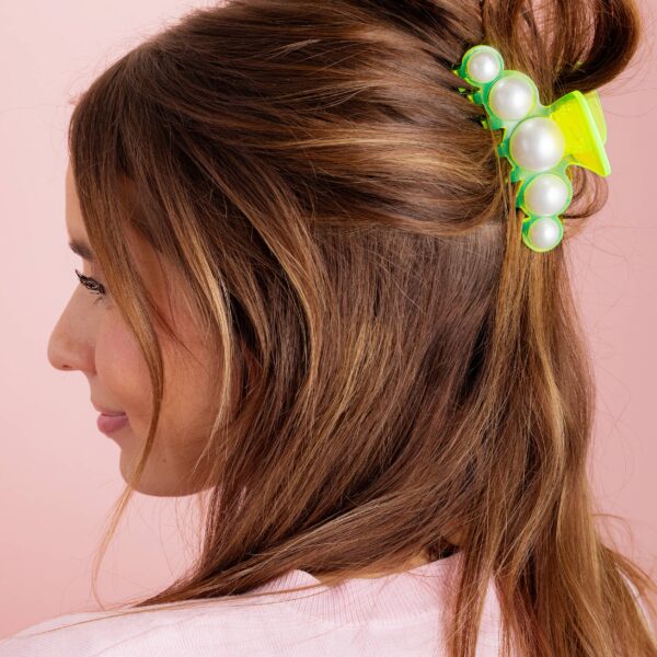 Claw Hair Clip - Large - Neon Green w/ Pearl Beads