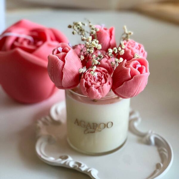 Glass Jar with Floral bouquet Candle Pink, Sandalwood
