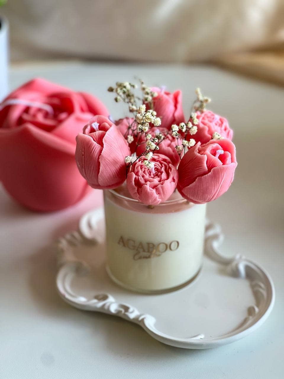 Glass Jar with Floral bouquet Candle Pink, Sandalwood
