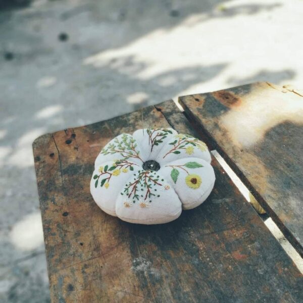 Daisy Mimosa Embroidered Pumpkin Pincushion - Image 3