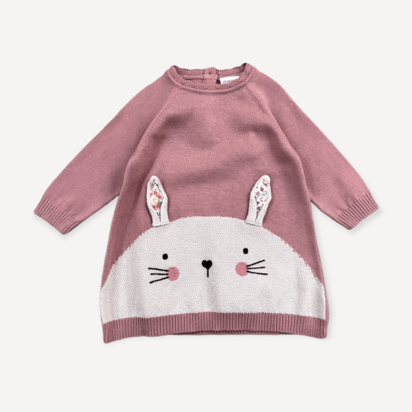Bunny Jacquard Knit Baby Girl Dress (Organic Cotton): Vintage Rose, 6-12