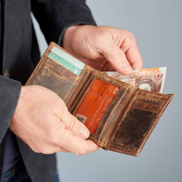 Handmade Buffalo Leather Trifold Wallet: Brown