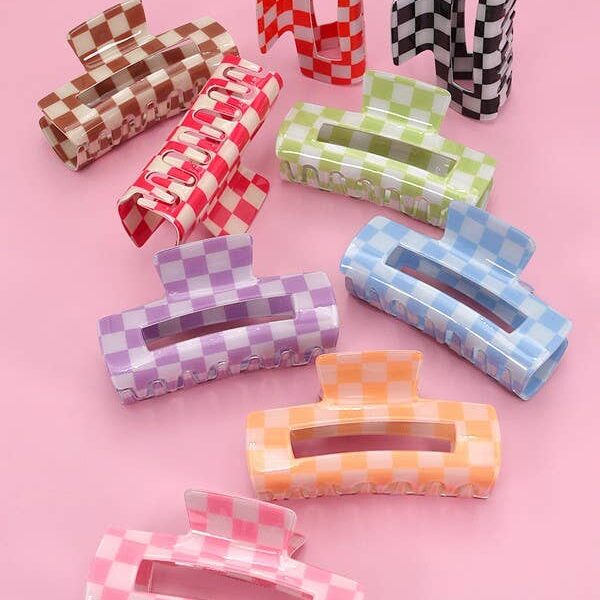 JUMBO RESIN CHECKER HAIR CLAW CLIPS 4inch Orange - Image 2