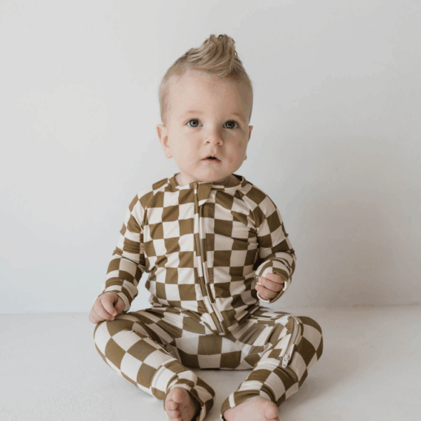 Bamboo Zip Pajamas  | Olive Checkerboard: 6-12 Months