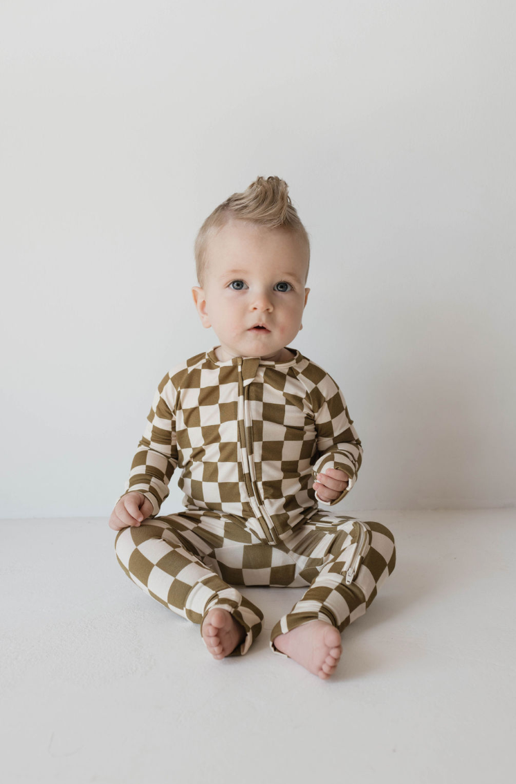 Bamboo Zip Pajamas  | Olive Checkerboard: 0-3 Months