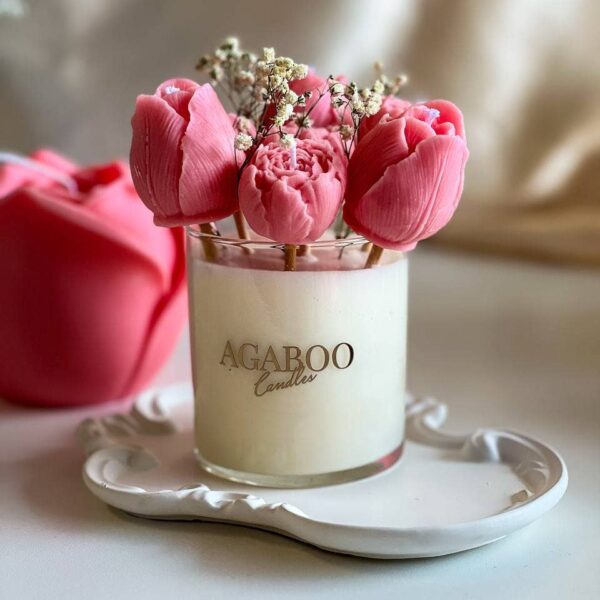 Glass Jar with Floral bouquet Candle Pink, Sandalwood - Image 4