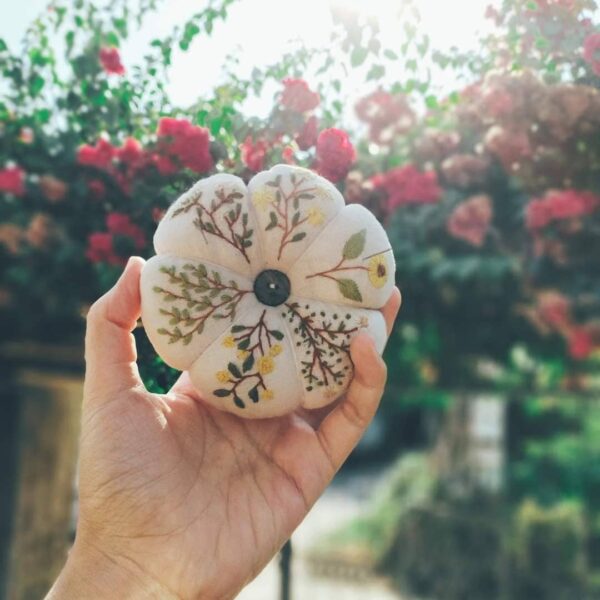 Daisy Mimosa Embroidered Pumpkin Pincushion - Image 2