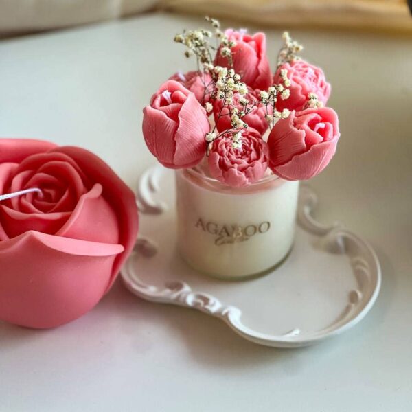 Glass Jar with Floral bouquet Candle Pink, Sandalwood - Image 5