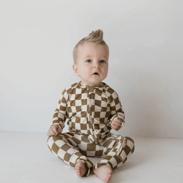 Bamboo Zip Pajamas  | Olive Checkerboard: 12-18 Months - Image 2
