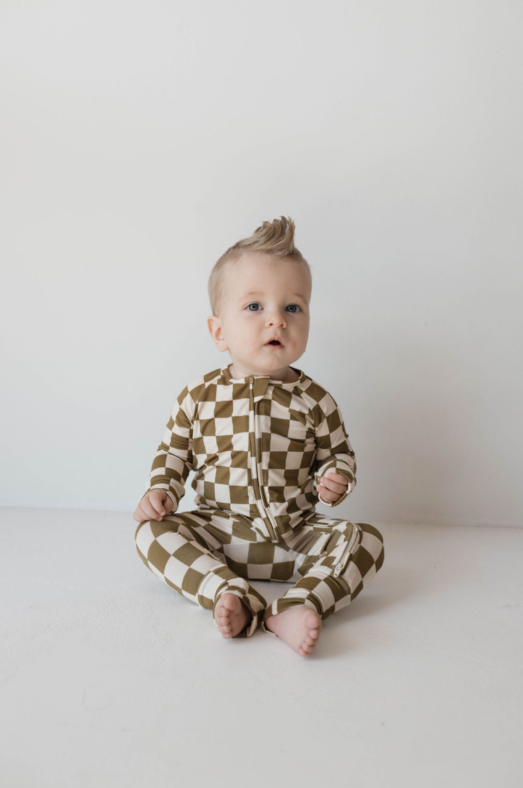 Bamboo Zip Pajamas  | Olive Checkerboard: 0-3 Months