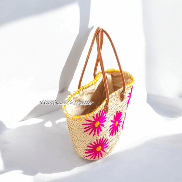 Handmade Straw Beach Tote with Pink Floral Embroidery - Image 2