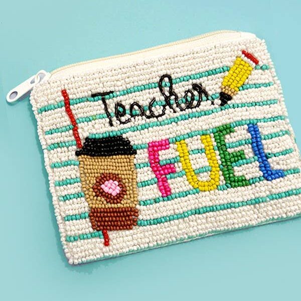 TEACHER FUEL SEEDBEAD COIN PURSE POUCH White