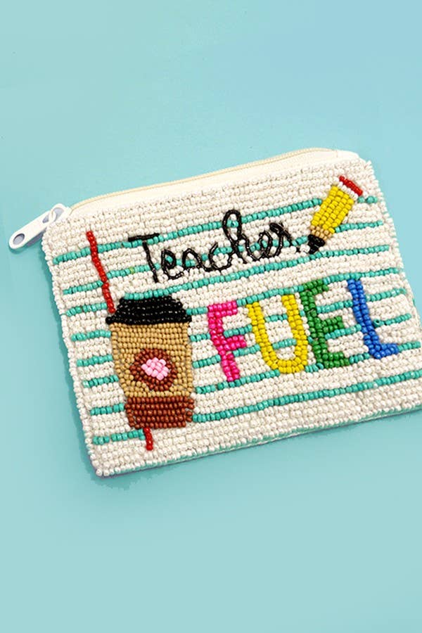 TEACHER FUEL SEEDBEAD COIN PURSE POUCH White