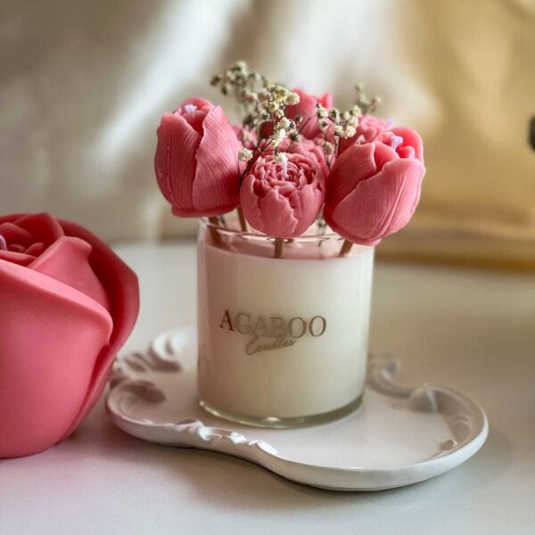 Glass Jar with Floral bouquet Candle Pink, Sandalwood - Image 6
