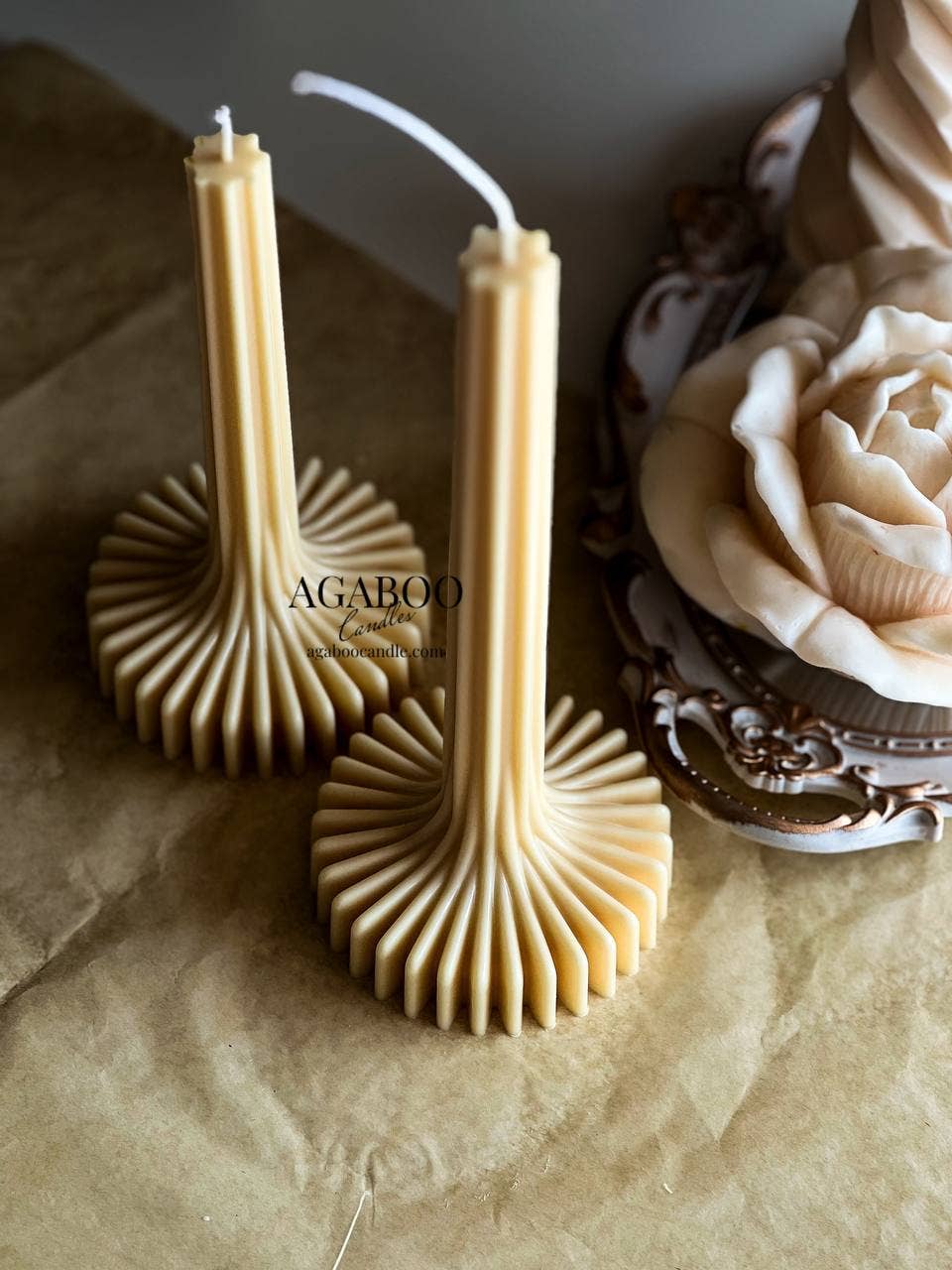 Large Stripe Vase Column Candle - Pillar: Cream, Set of 2