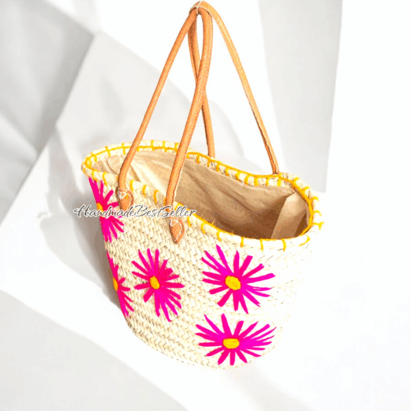 Handmade Straw Beach Tote with Pink Floral Embroidery - Image 3