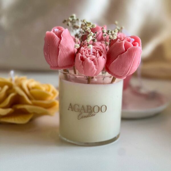 Glass Jar with Floral bouquet Candle Pink, Sandalwood - Image 7