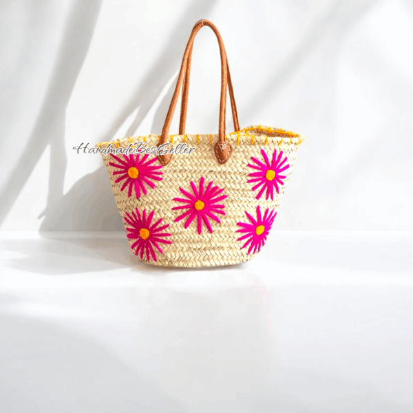Handmade Straw Beach Tote with Pink Floral Embroidery - Image 4