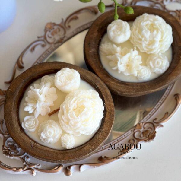 Small Wooden Dough Bowl Candle 2x6in Rain Water - Image 2